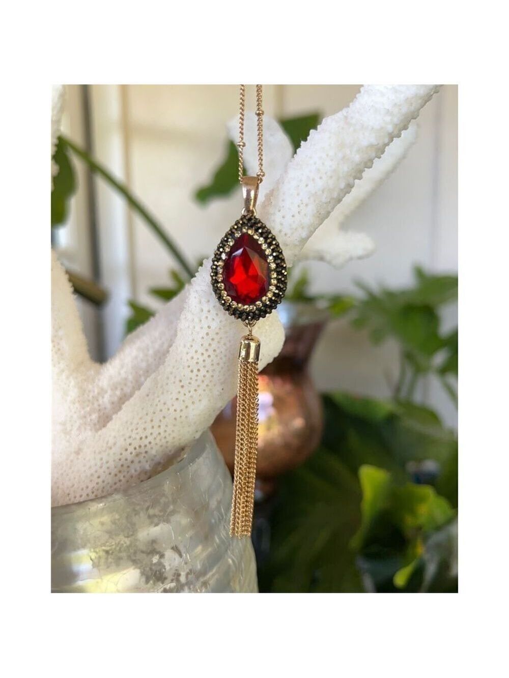 Gold/Ruby Tear Drop Haloed by Champagne & Chocolate Colored Swarovski Crystals